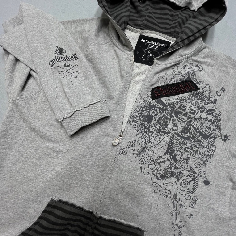 Quiksilver Mens Gray Skull Graphic Full Zip Hoodie Jacket XL